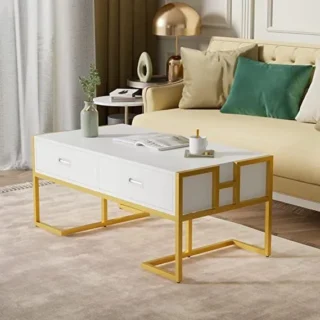 Serbia White Modern glass coffee table with drawers