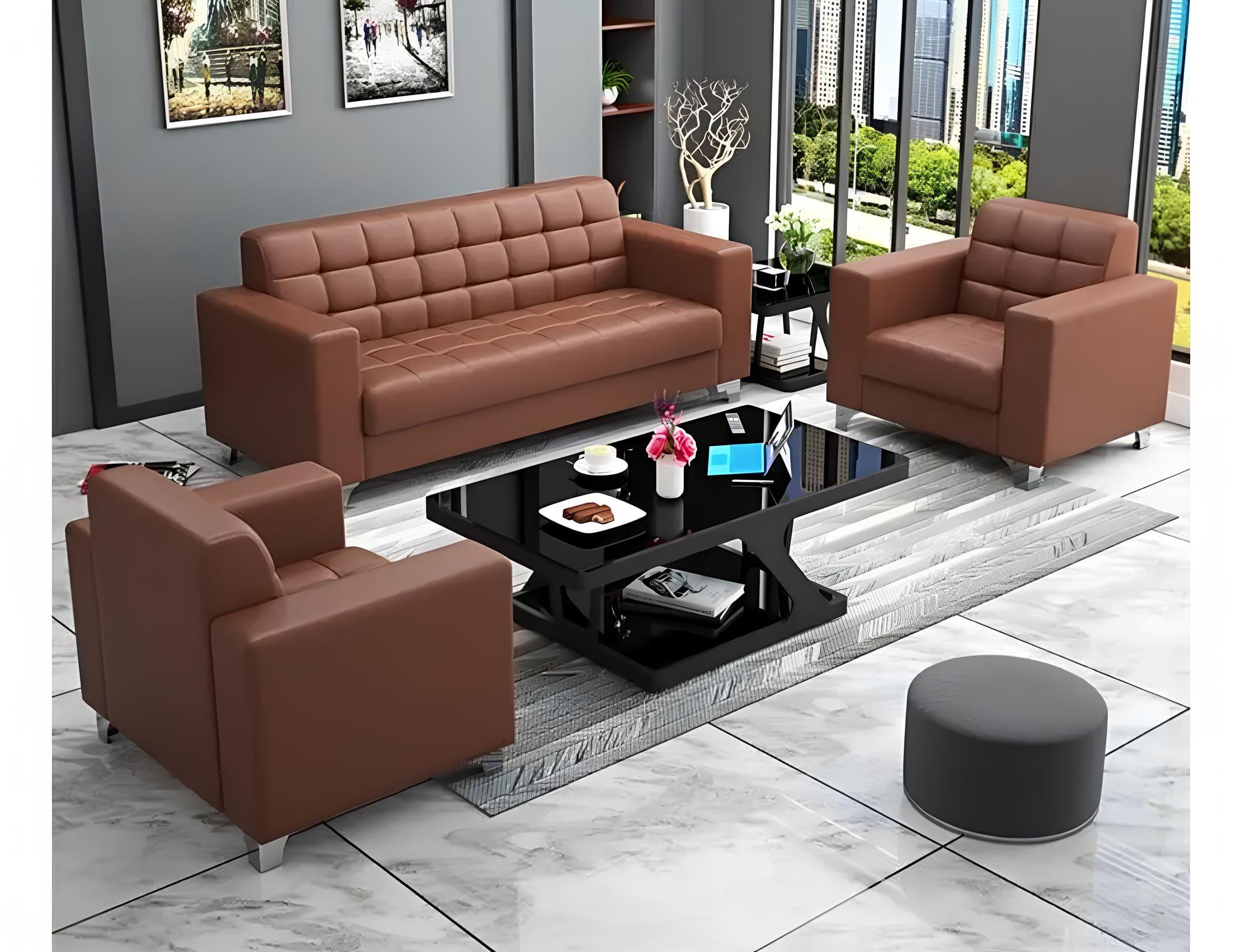 Bella brown 5 seater executive leather visitor sofa