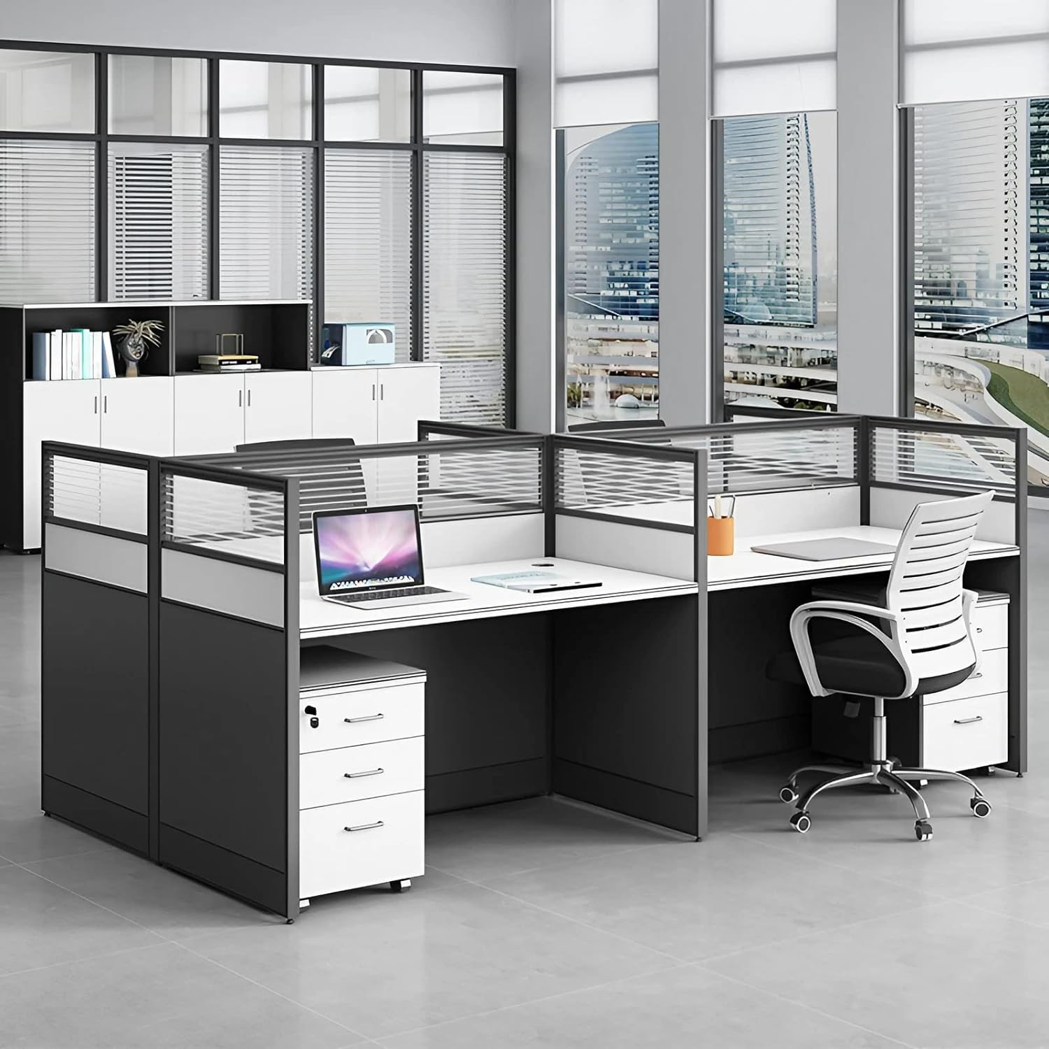 Zara white 4 way office workstation with drawers